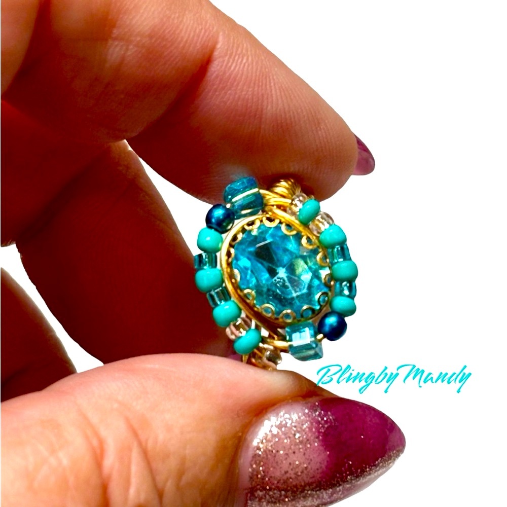 Gold and Blue Beaded Ring